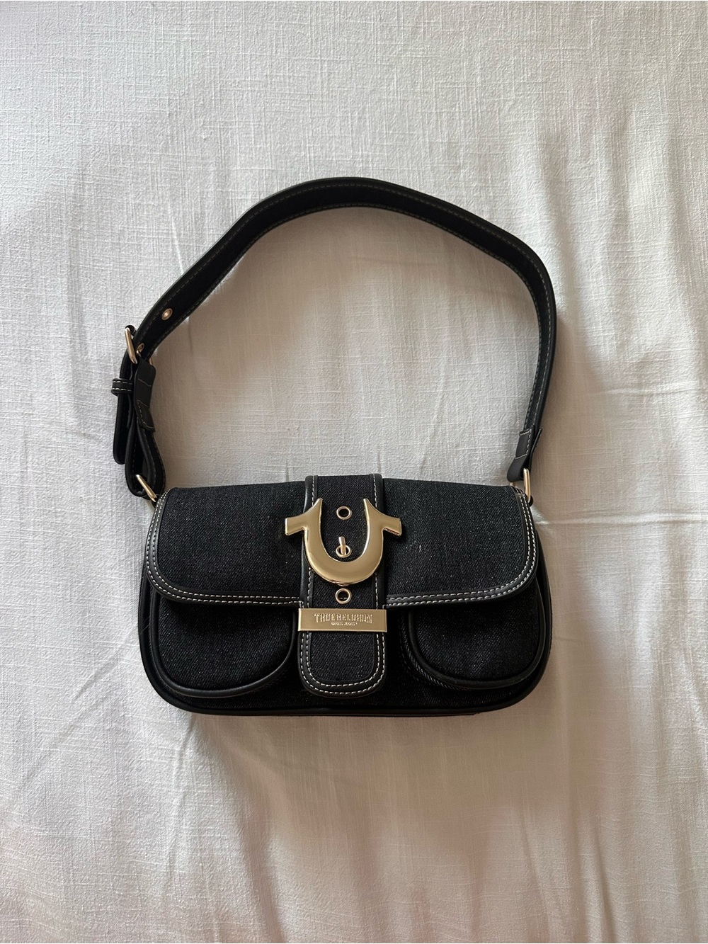 True Religion Black Shoulder Bag with Gold-Tone Logo Clasp